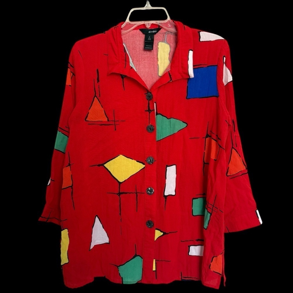 Ali Miles Red Geometric Print Tunic Top Size M Artsy Funky Maximalist Teacher